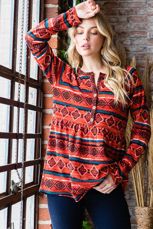 Geometric Button Detail Long Sleeve Babydoll Top