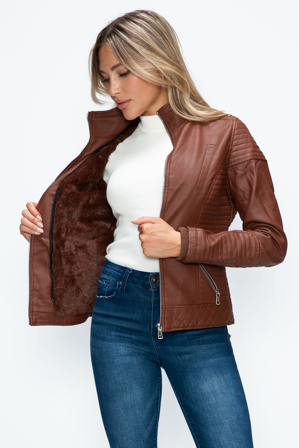 Faux Layered Double-Zipper Jacket with Fuzzy Hood