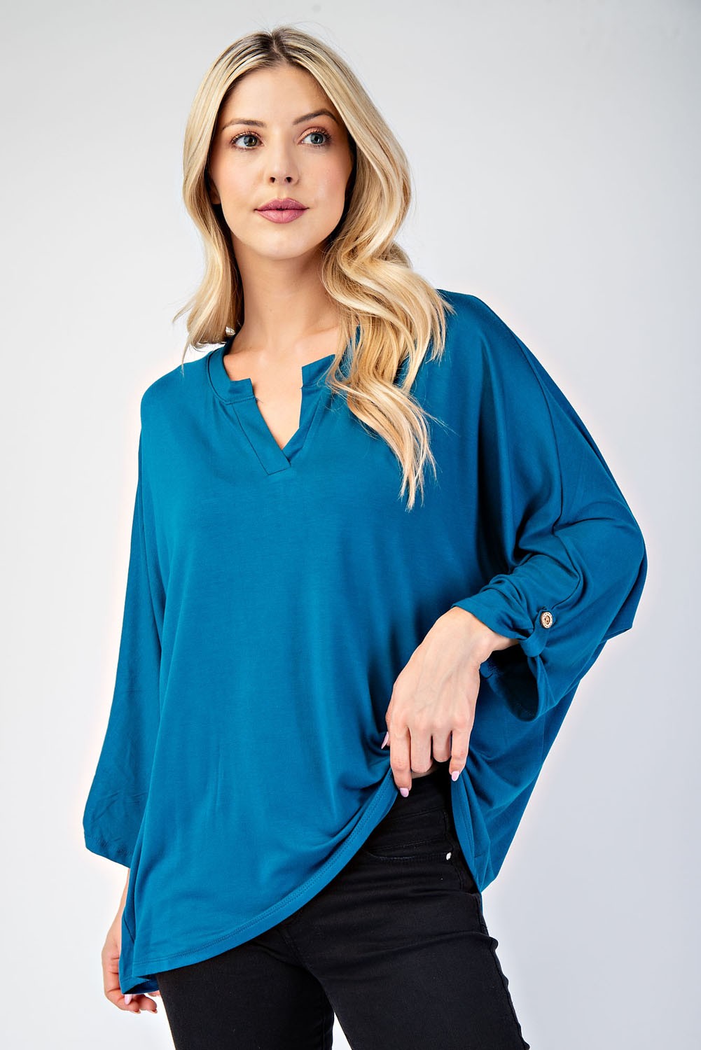 Notched Three-Quarter Sleeve Blouse