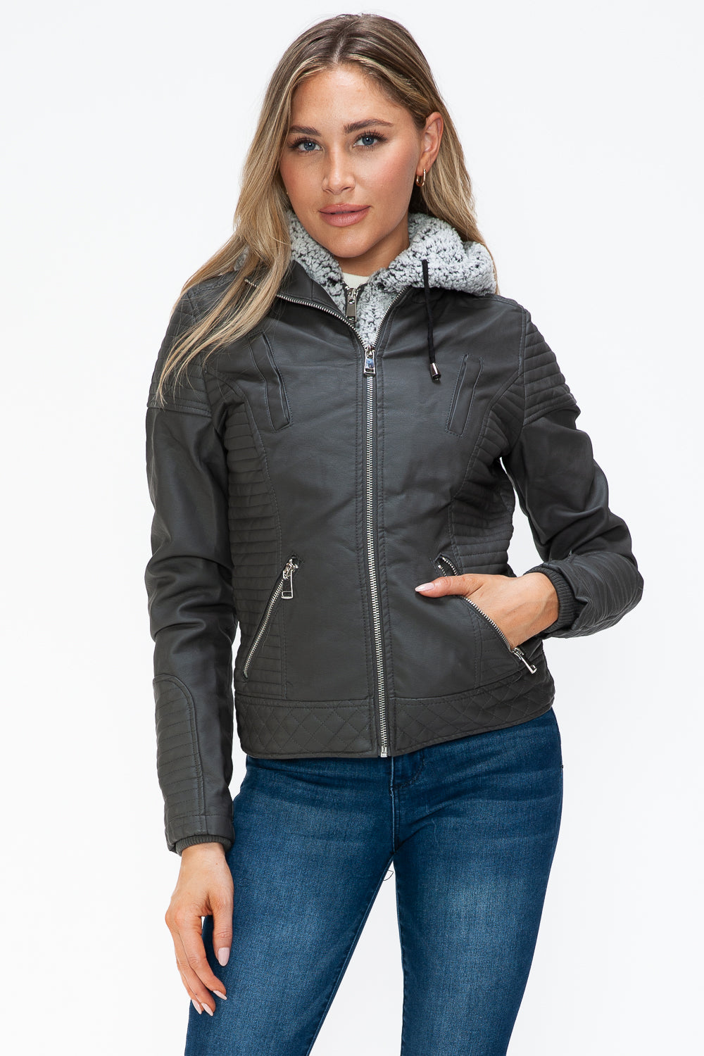 Faux Layered Double-Zipper Jacket with Fuzzy Hood