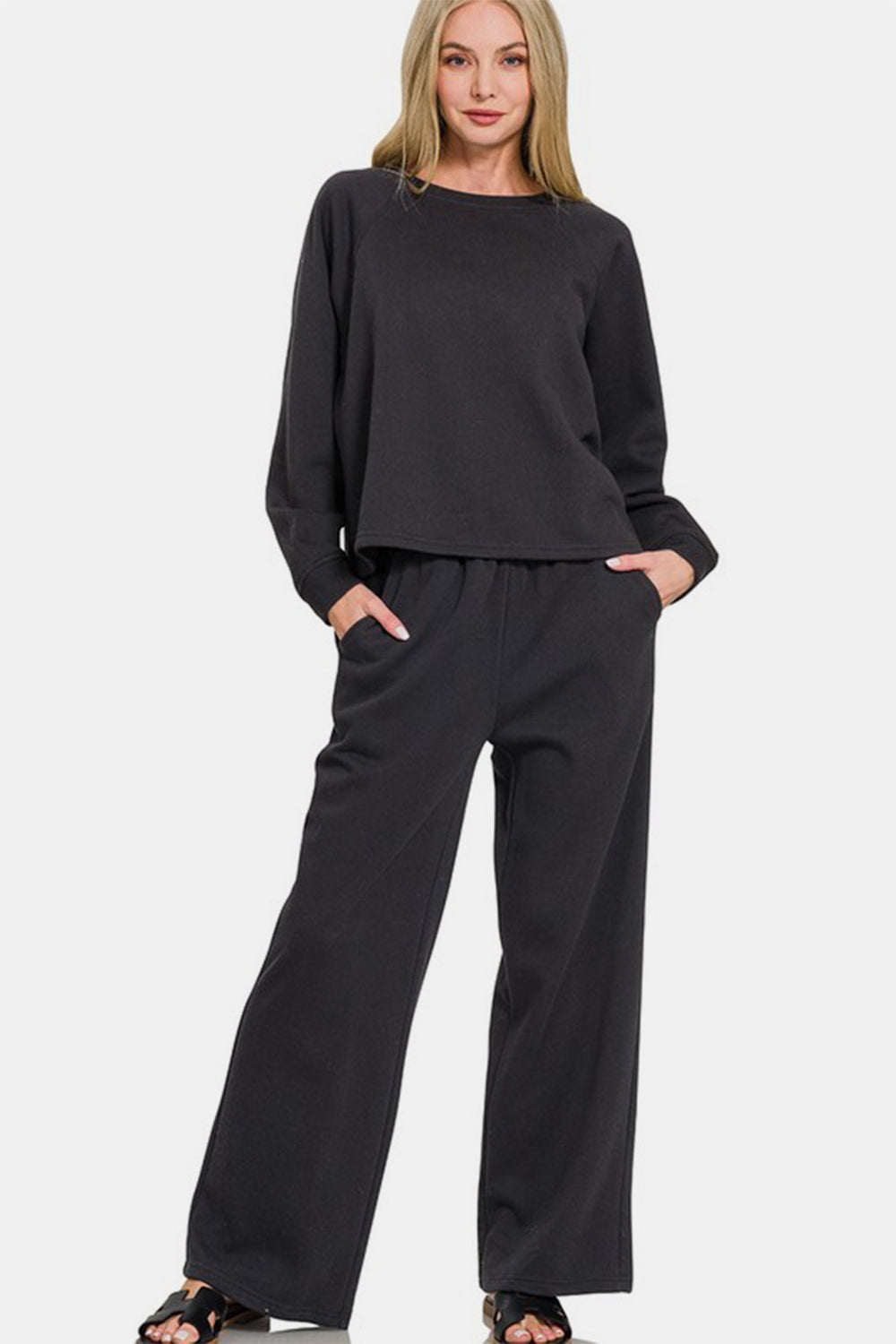 Round Neck Raglan Sleeve Top and Elastic Waist Pants Set