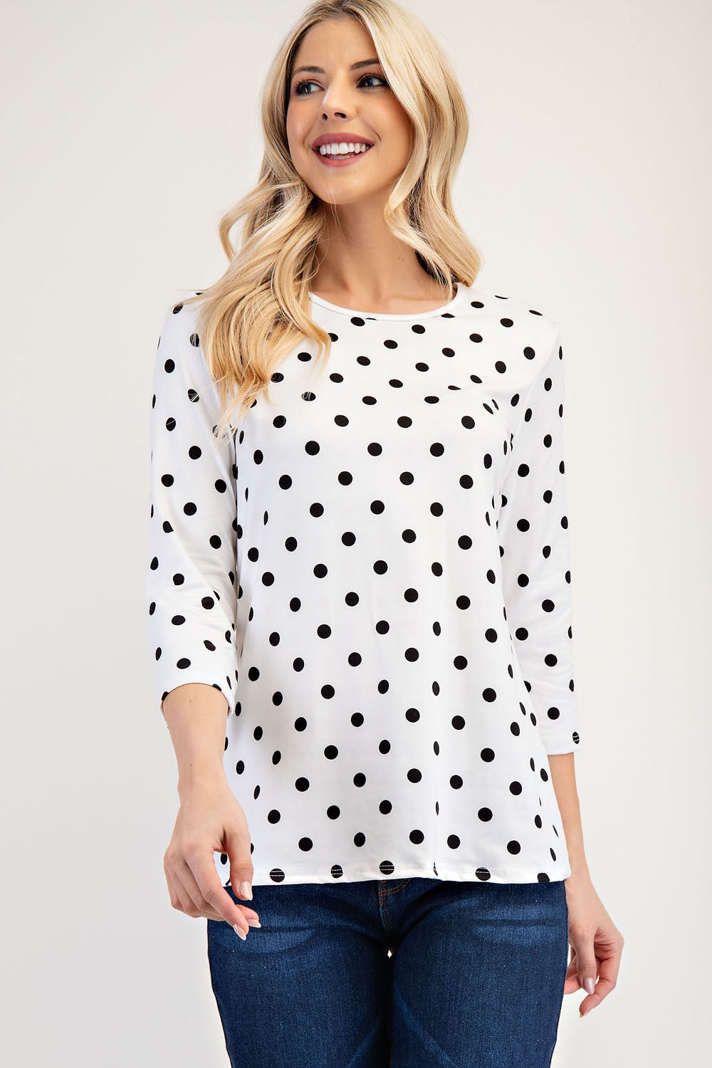 Polka Dot Round Neck Three-Quarter Sleeve T-Shirt