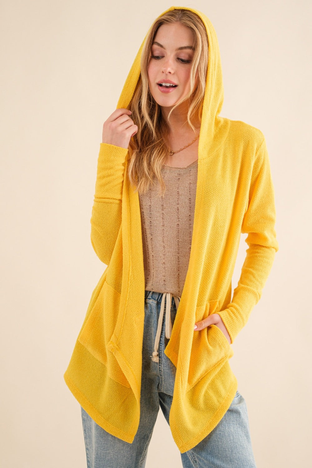 Thermal Hooded Open Front Cardigan with Pockets