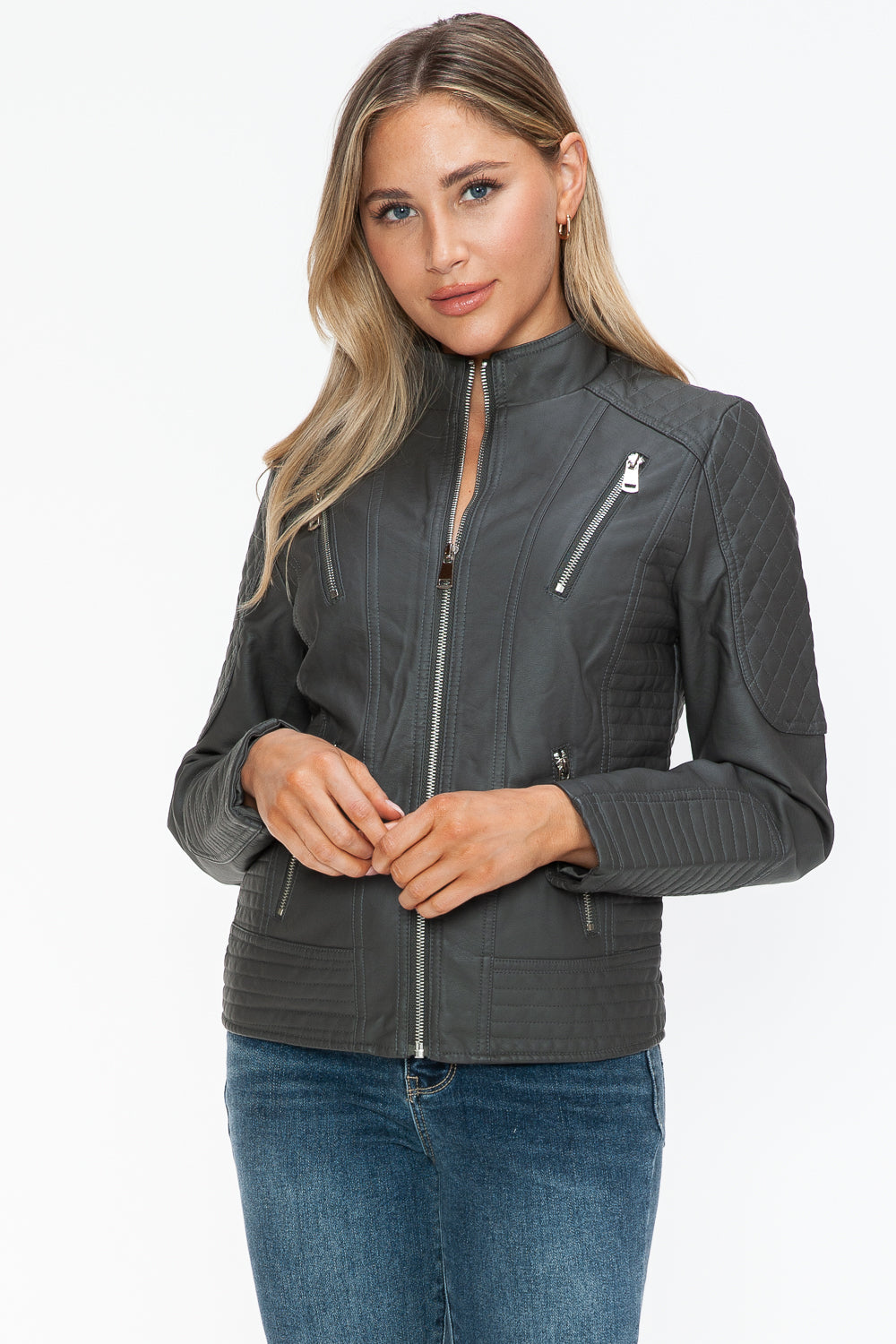 Faux Leather Zip Up Mock Neck Jacket