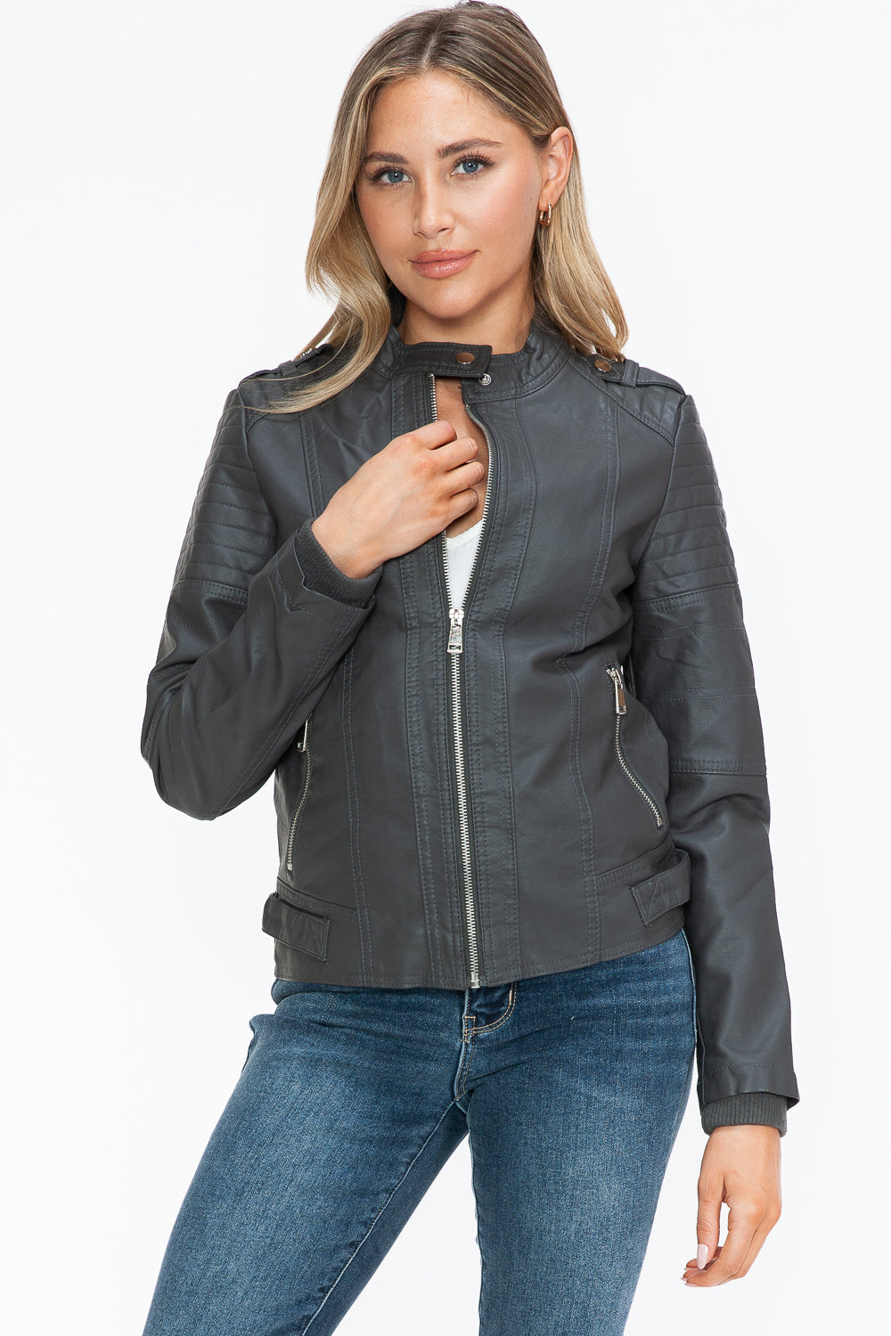 PU Leather Biker Jacket with Side Zip Pockets