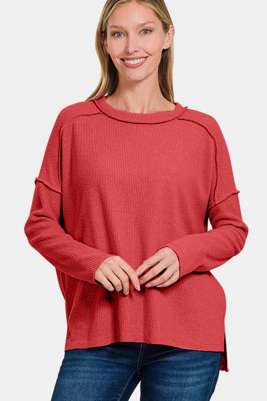 Exposed Seam Brushed Round Neck Sweater