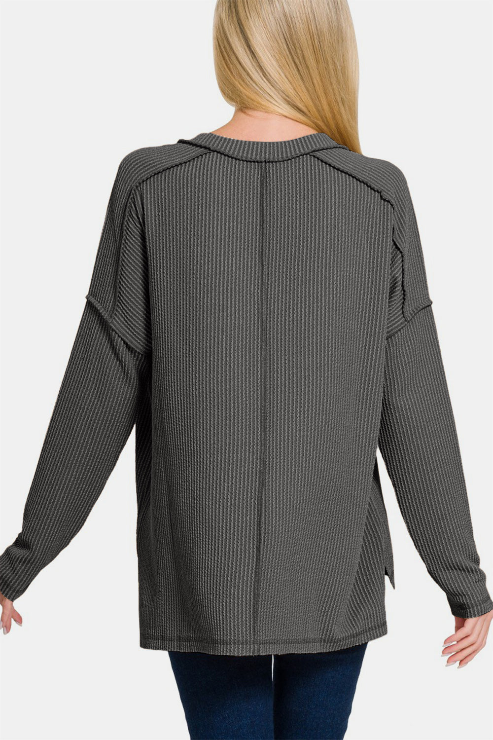 Texture Exposed Seam V-Neck Long Sleeve T-Shirt