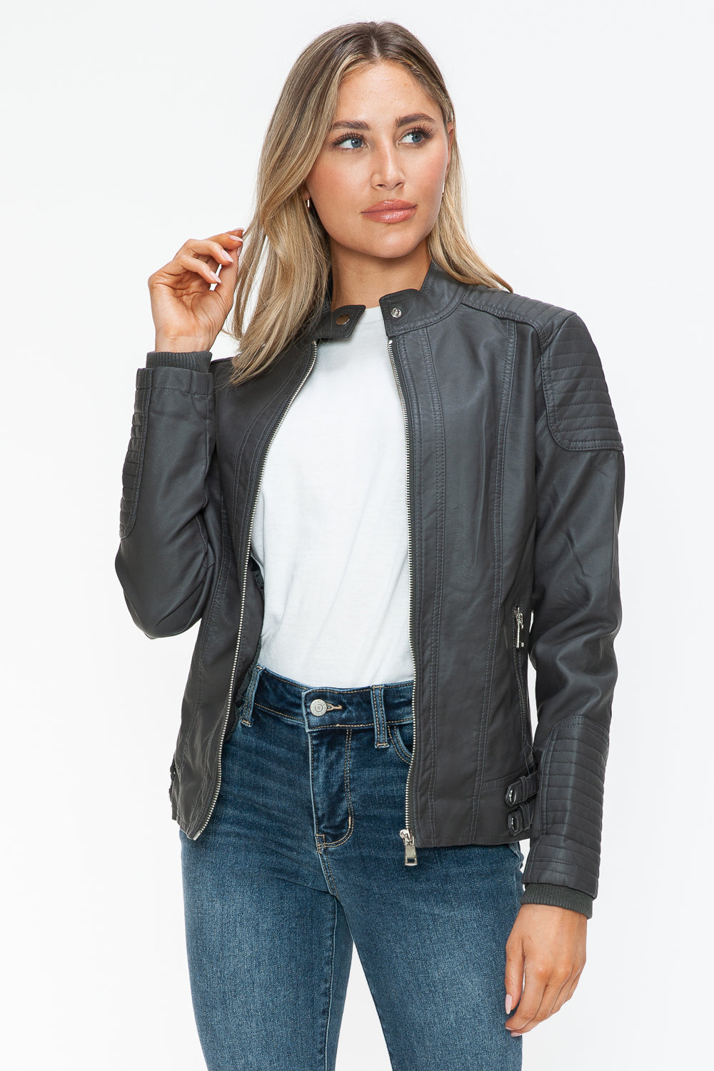 Faux Leather Biker Jacket with Side Zip Pockets