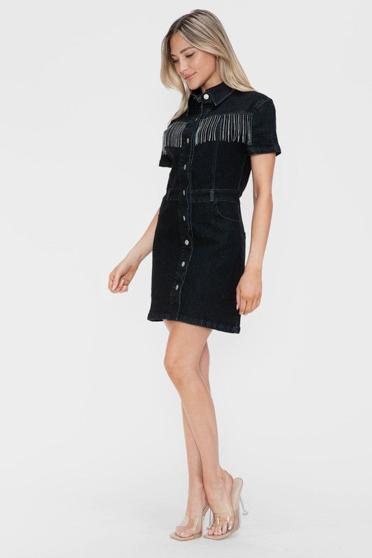 Embellished Button Down Short Sleeve Denim Dress