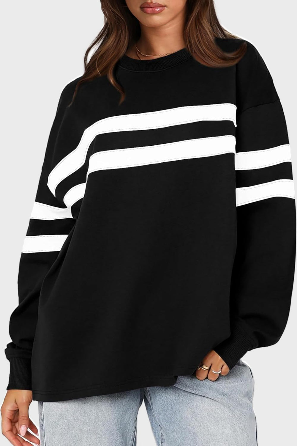 Striped Round Neck Dropped Shoulder Sweatshirt