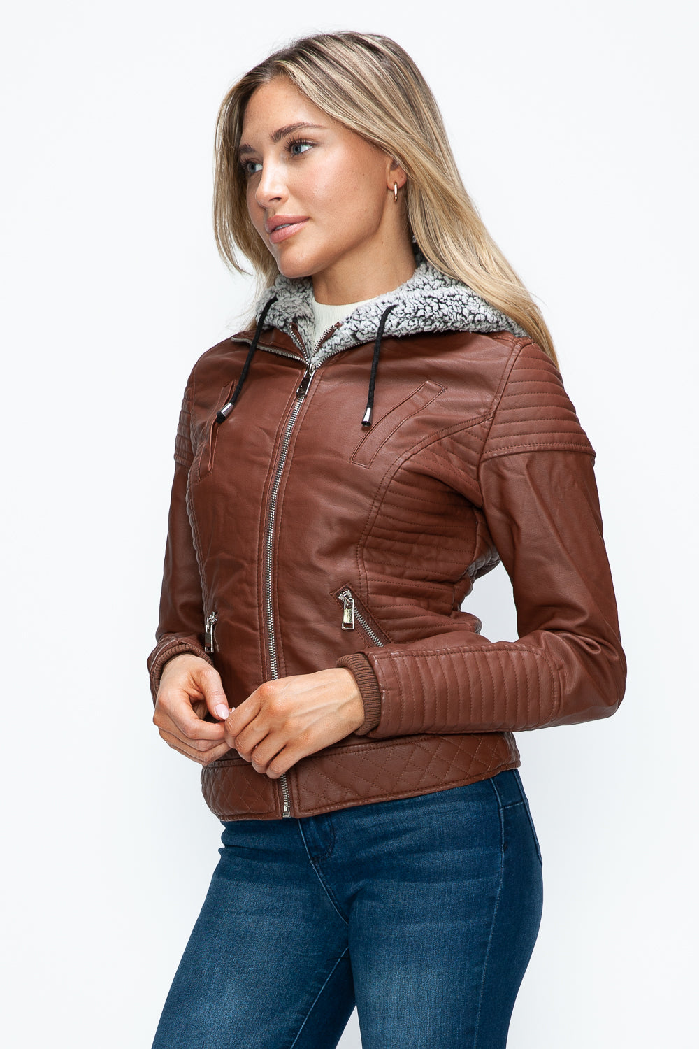 Faux Layered Double-Zipper Jacket with Fuzzy Hood