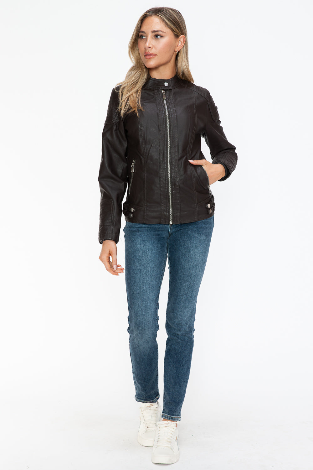 Faux Leather Biker Jacket with Side Zip Pockets