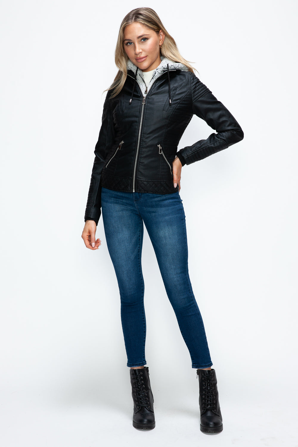 Faux Layered Double-Zipper Jacket with Fuzzy Hood