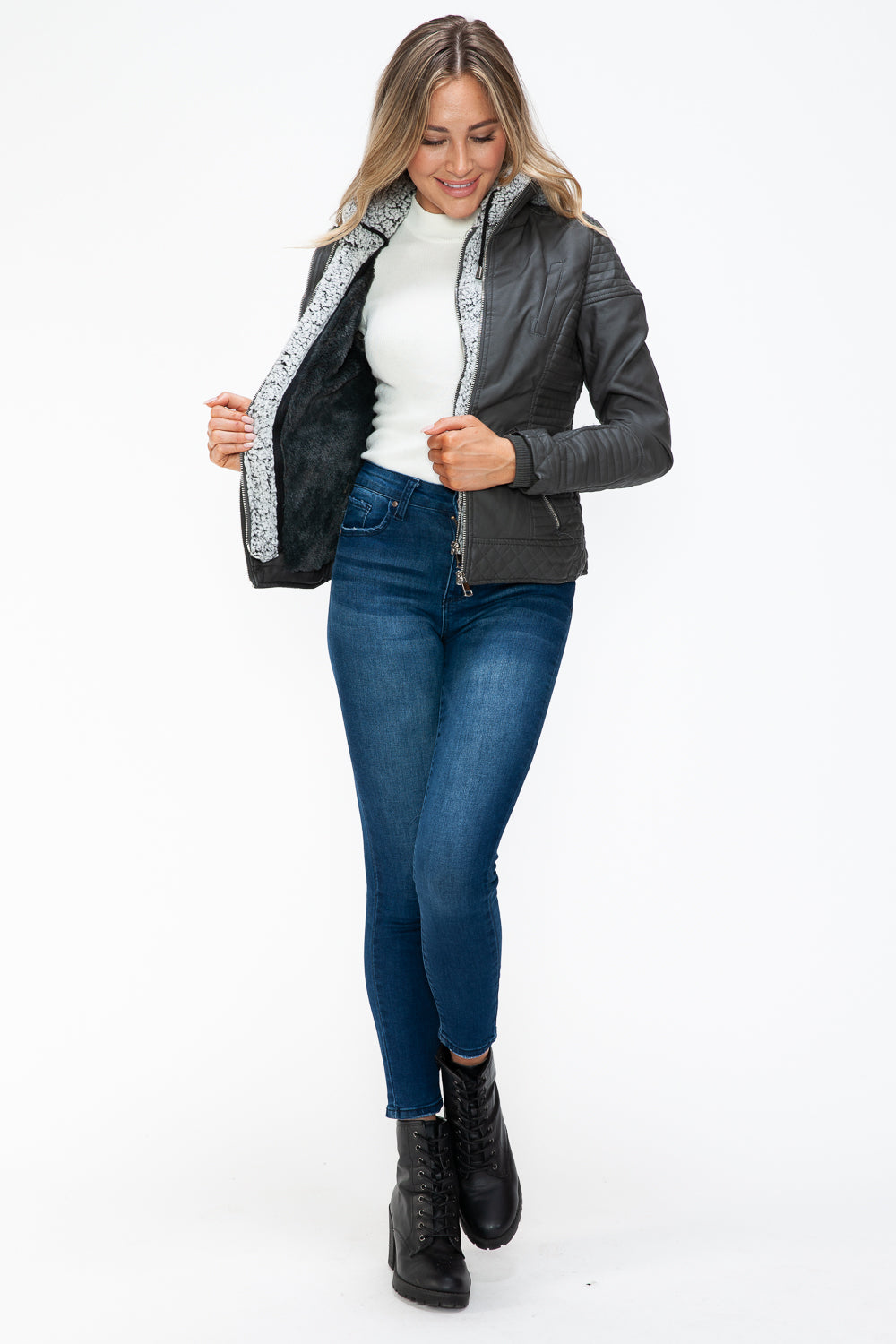 Faux Layered Double-Zipper Jacket with Fuzzy Hood