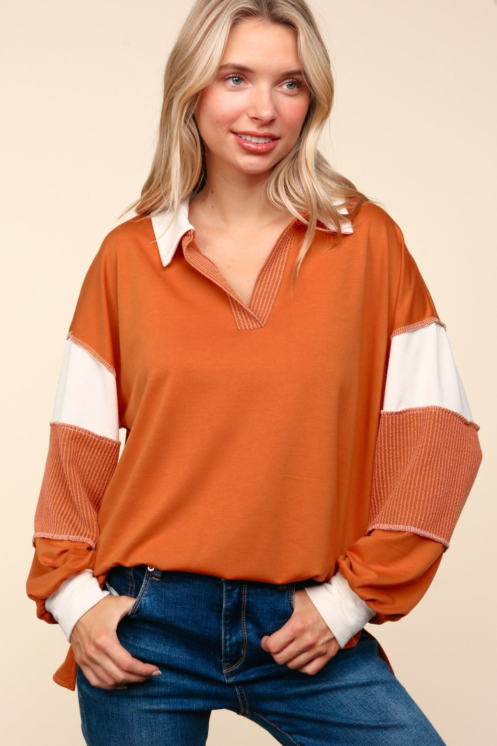 Color Block Exposed Seam Long Sleeve Top