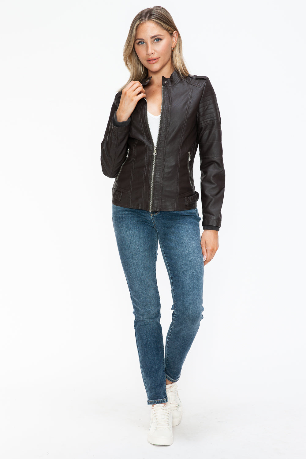 PU Leather Biker Jacket with Side Zip Pockets