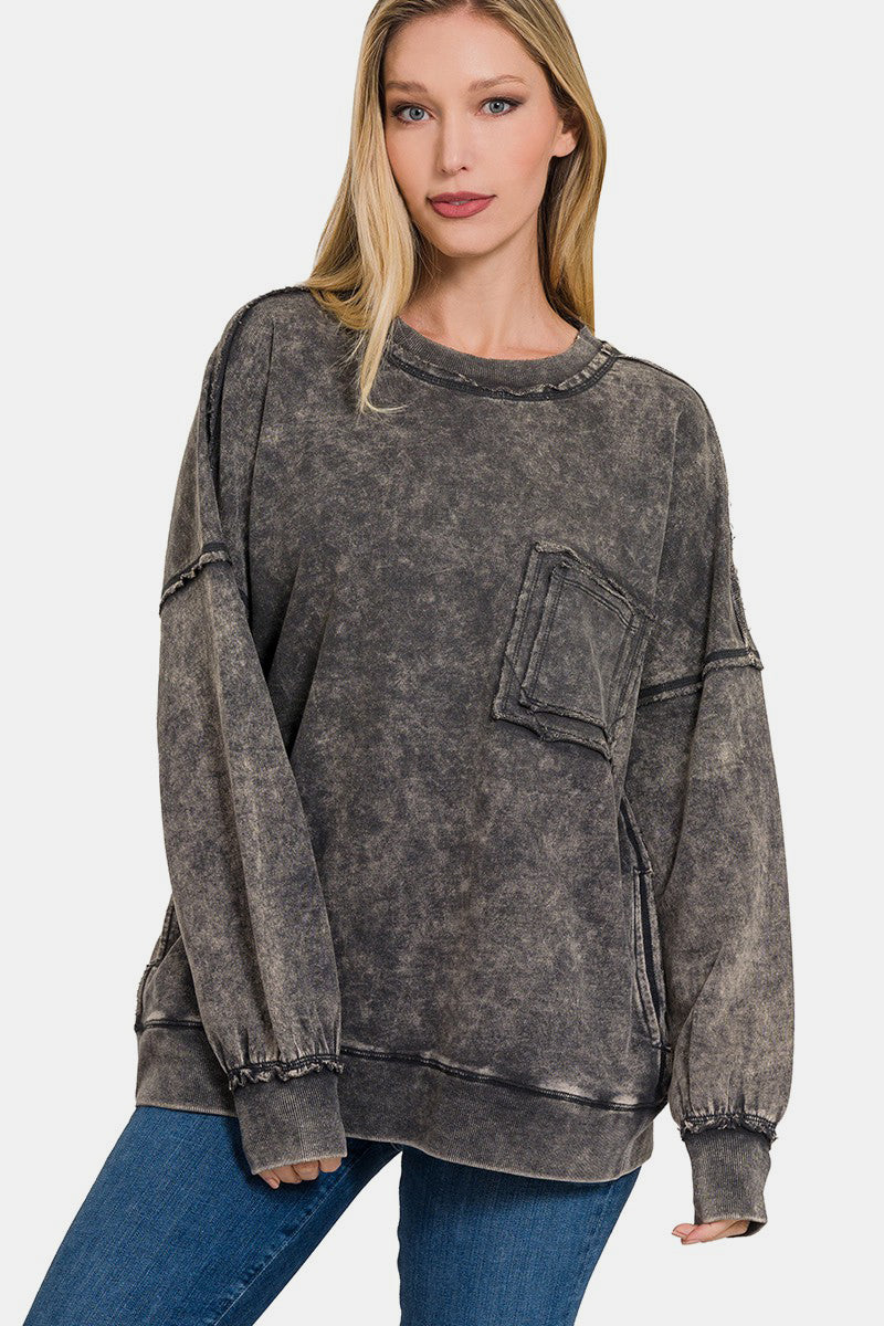 Exposed Seam Round Neck Dropped Shoulder Sweatshirt