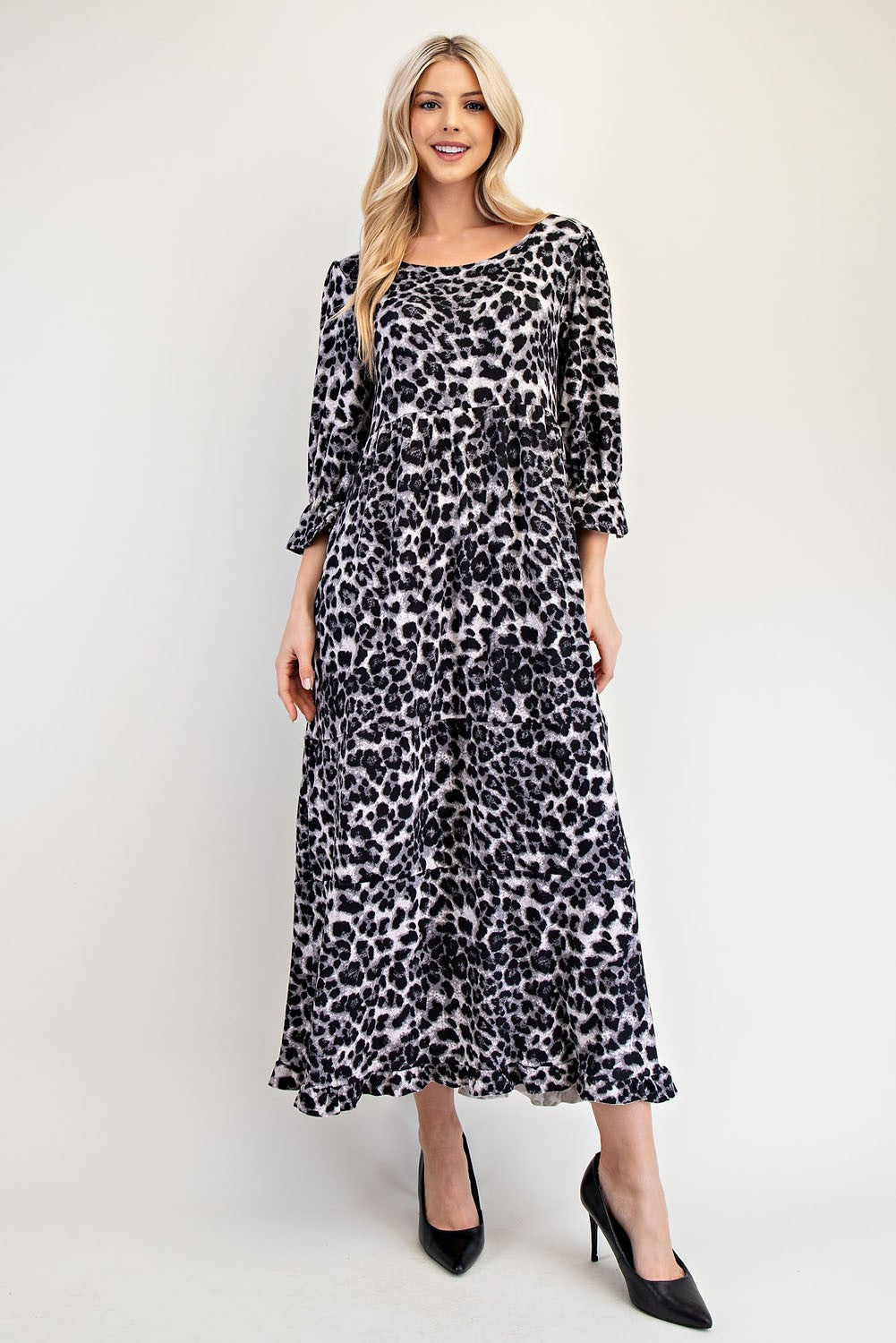 Leopard Round Neck Flounce Sleeve Dress