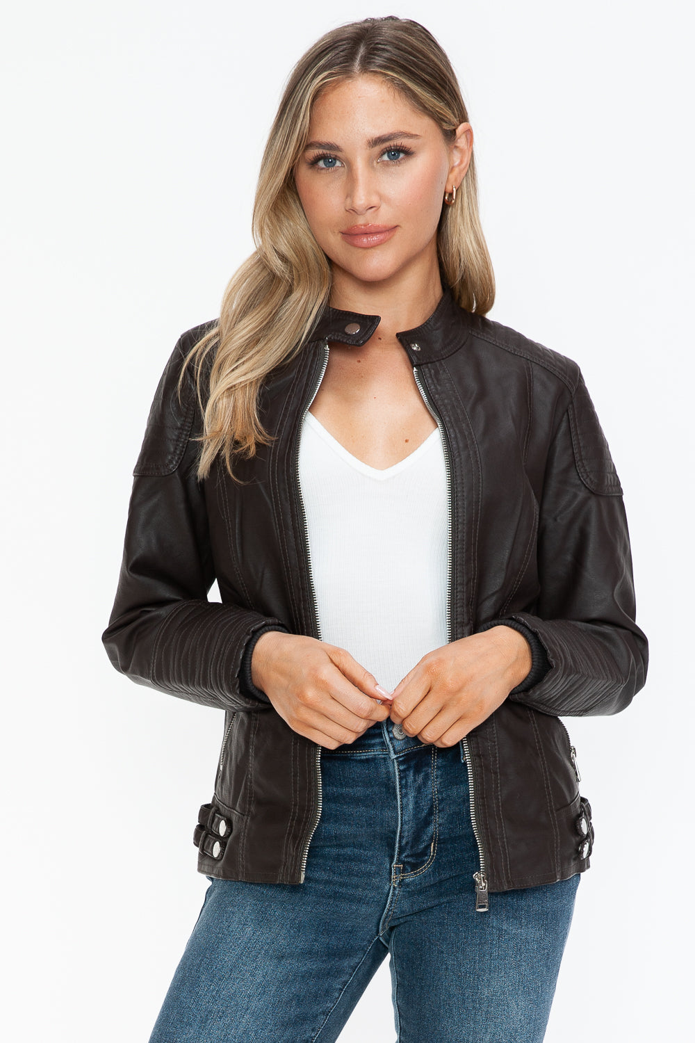 Faux Leather Biker Jacket with Side Zip Pockets