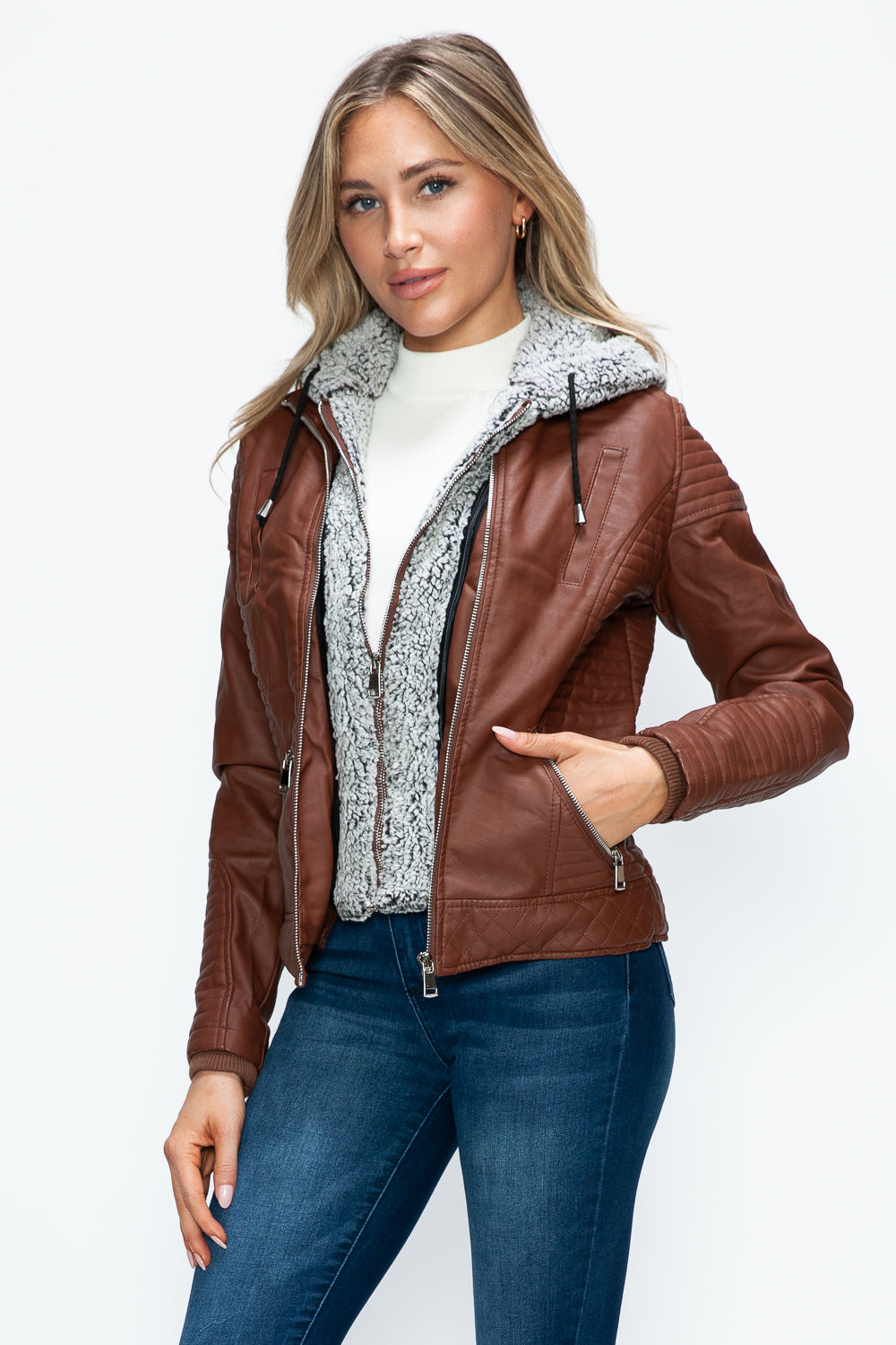 Faux Layered Double-Zipper Jacket with Fuzzy Hood