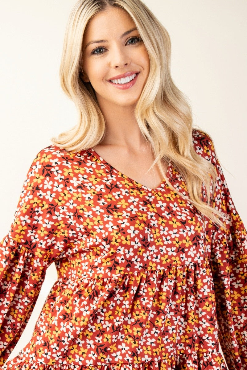 Floral V-Neck Balloon Sleeve Blouse