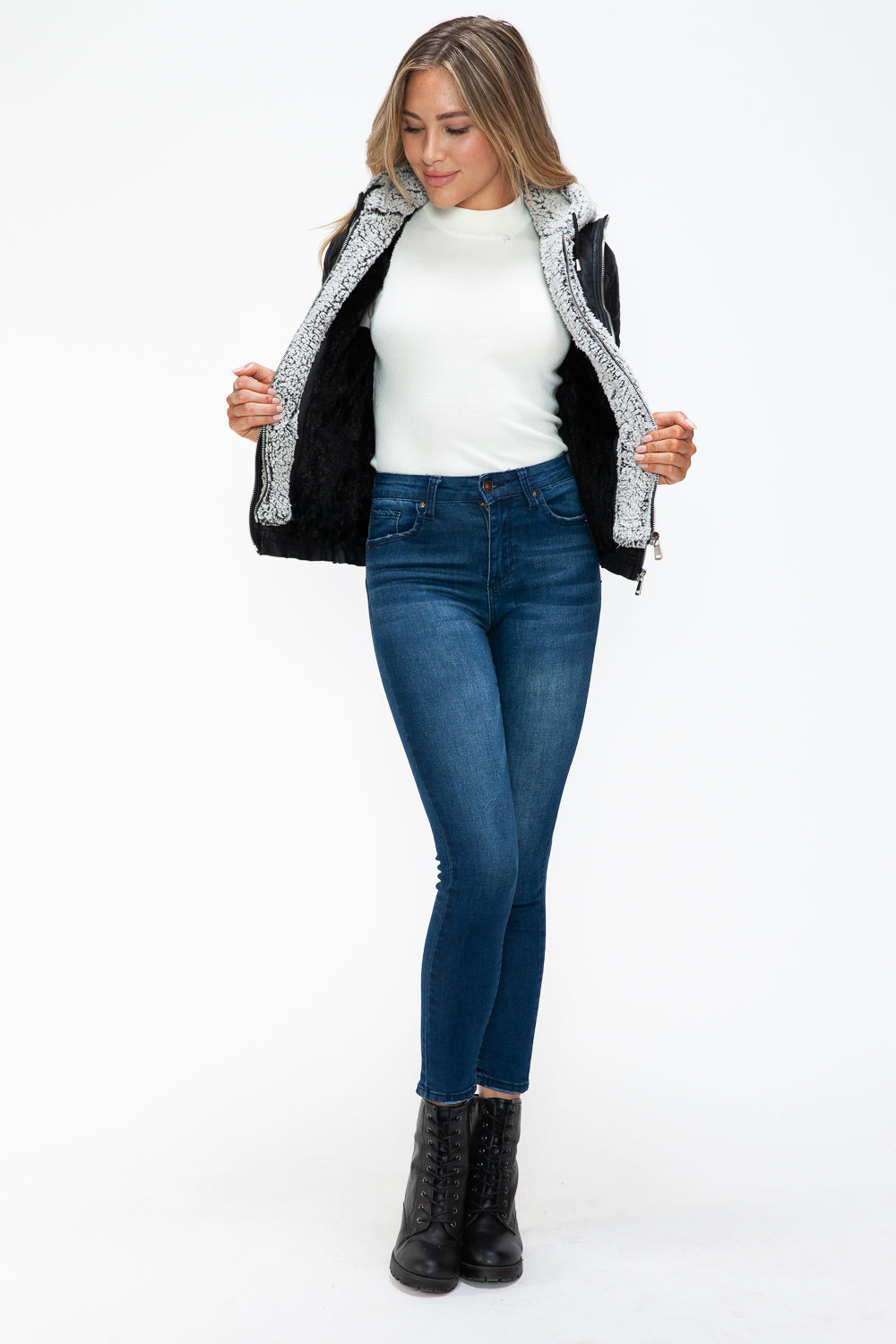 Removable Faux Layered Multi-Pocket Jacket with Fuzzy Hood