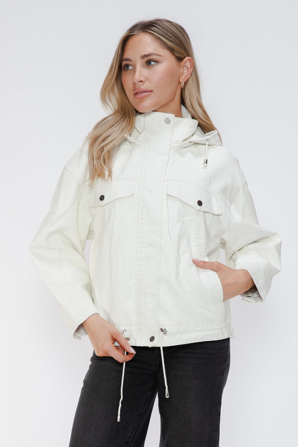 Drawstring Hem PU Leather Zip Up Jacket