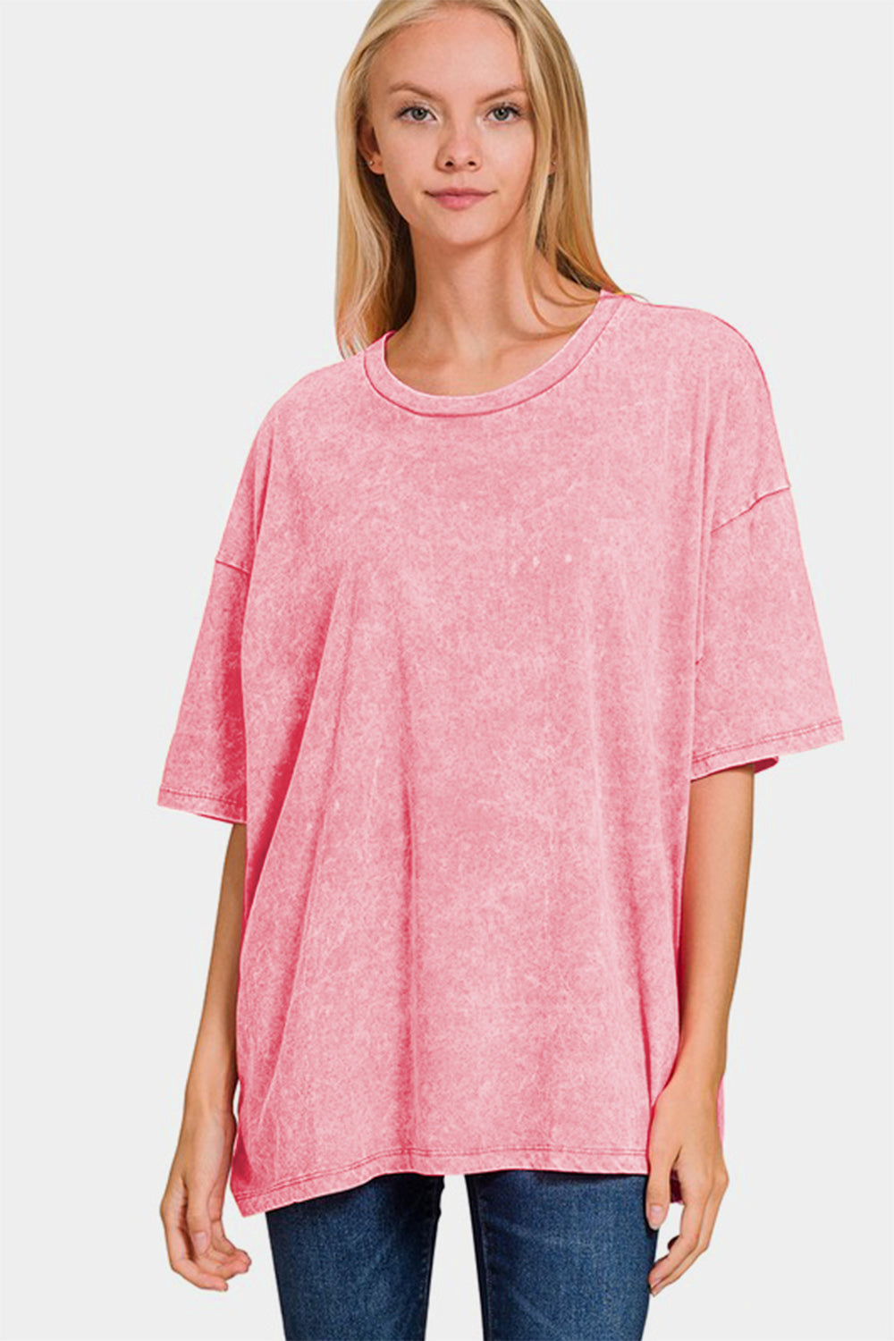 Washed Round Neck Drop Shoulder Oversized T-Shirt