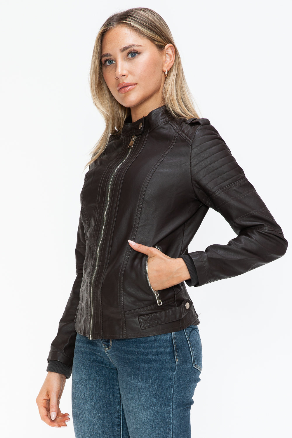 PU Leather Biker Jacket with Side Zip Pockets