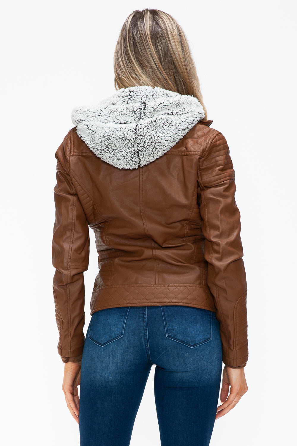 Faux Layered Double-Zipper Jacket with Fuzzy Hood