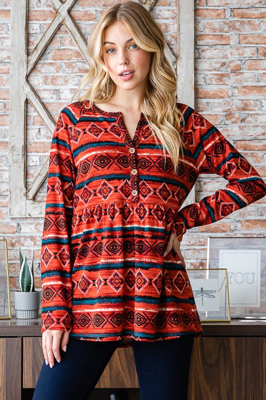 Geometric Button Detail Long Sleeve Babydoll Top