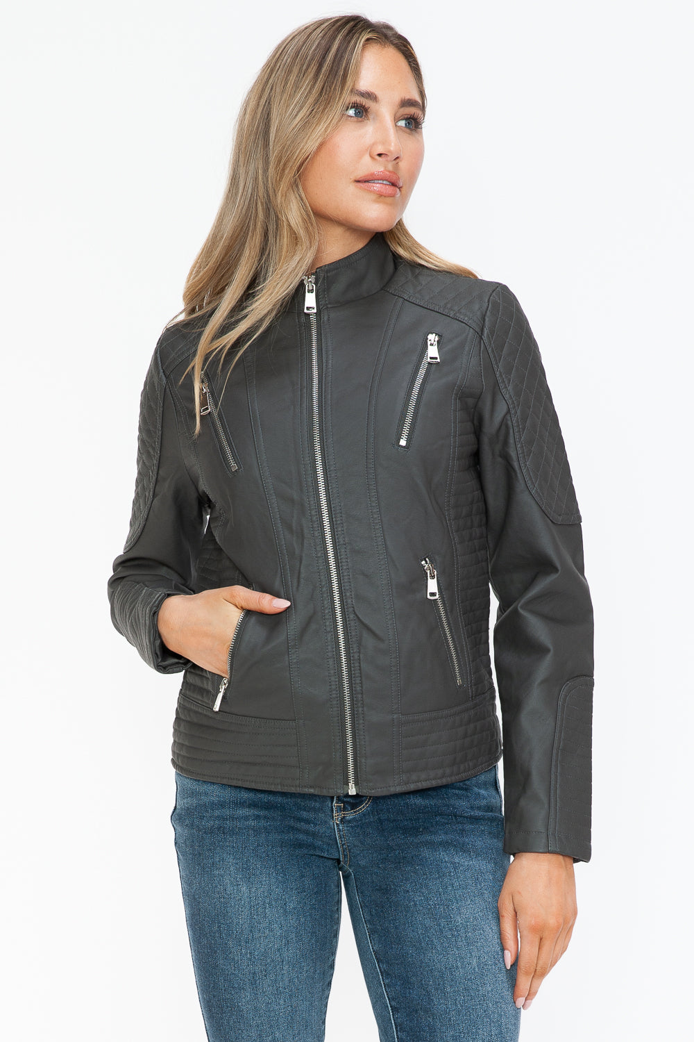 Faux Leather Zip Up Mock Neck Jacket