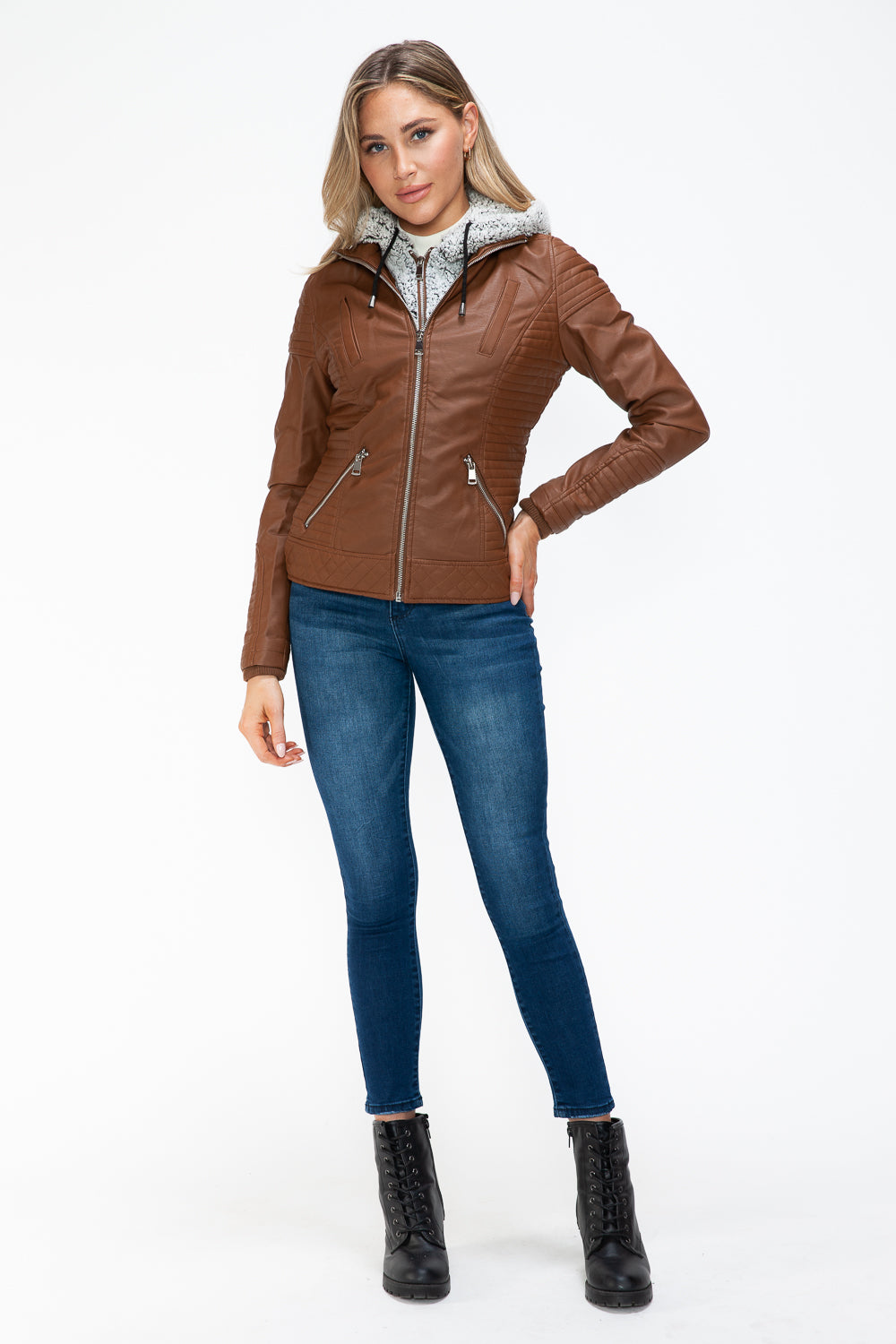 Faux Layered Double-Zipper Jacket with Fuzzy Hood