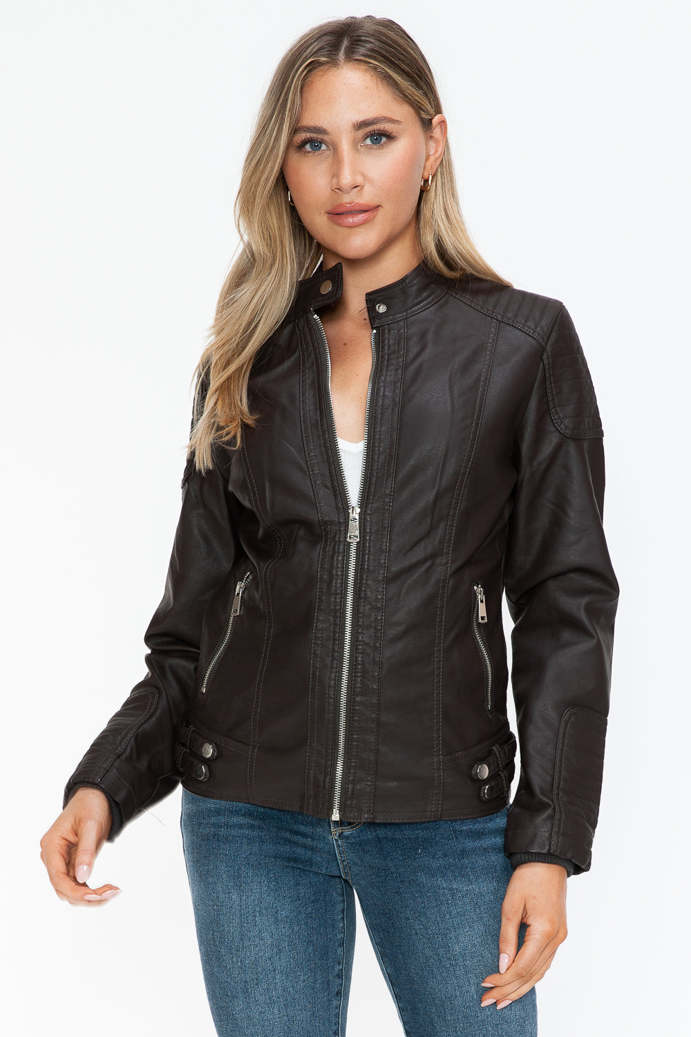 Faux Leather Biker Jacket with Side Zip Pockets