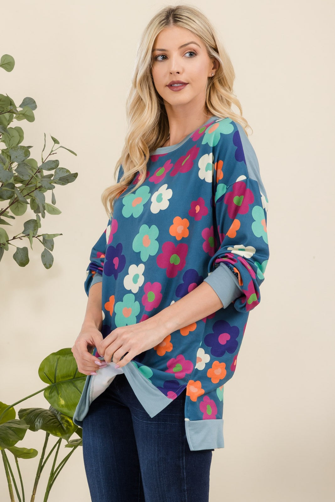 Side Slit Flower Print Long Sleeve Top