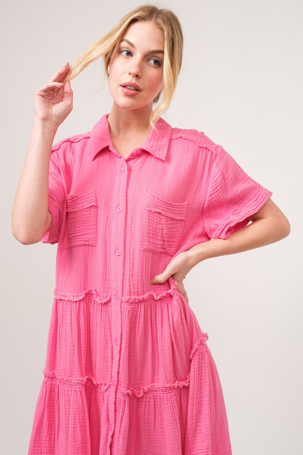 Full Size Raw Edge Washed Tiered Shirt Dress