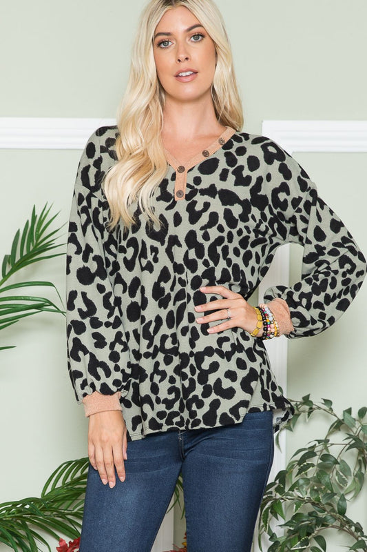 Leopard V-Neck Long Sleeve Blouse