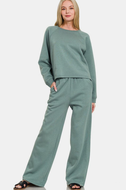 Round Neck Raglan Sleeve Top and Elastic Waist Pants Set