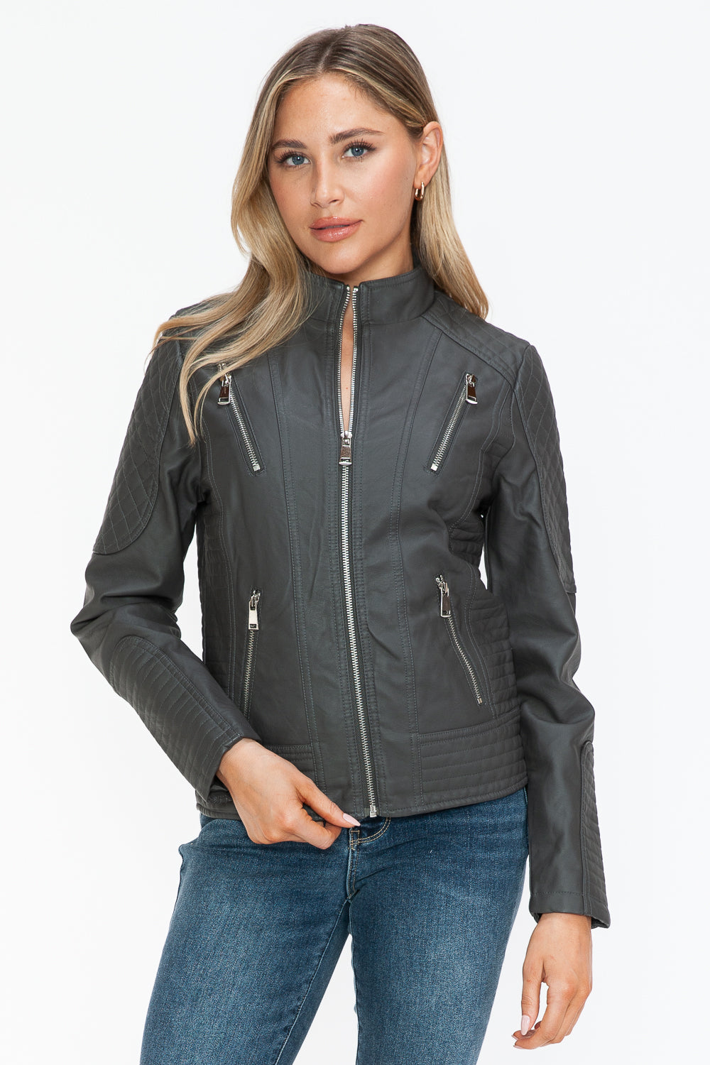 Faux Leather Zip Up Mock Neck Jacket