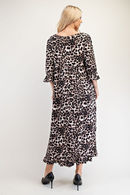 Leopard Round Neck Flounce Sleeve Dress