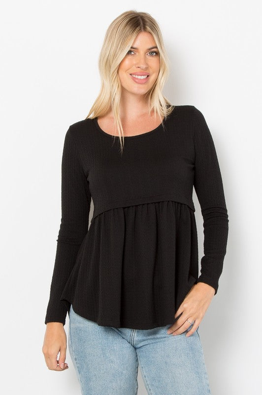 Texture Babydoll Round Neck Long Sleeve Knit Top