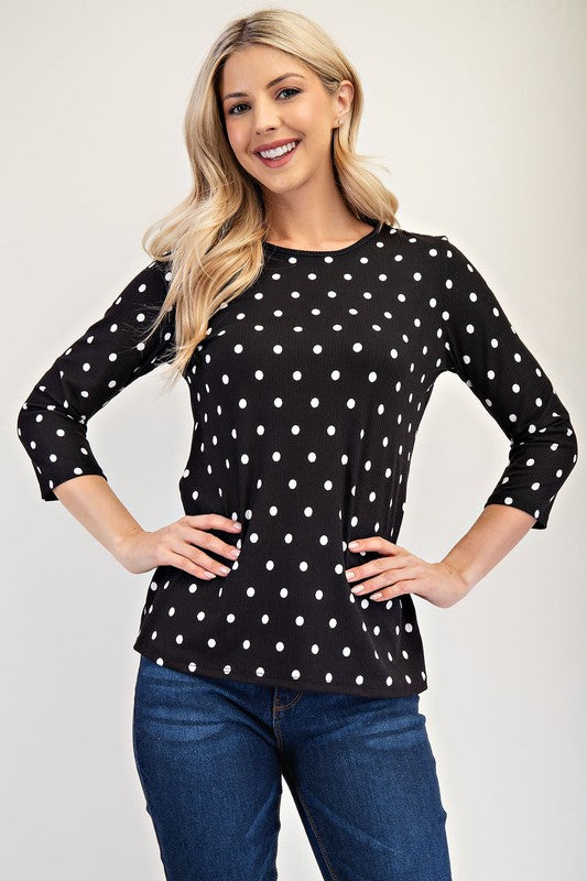 Polka Dot Round Neck Three-Quarter Sleeve T-Shirt