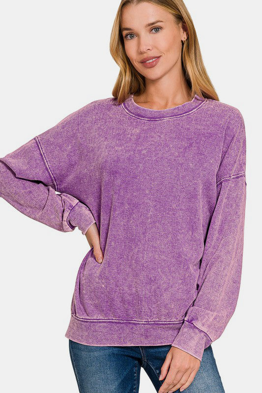 Washed Round Neck Dropped Shoulder Sweatshirt