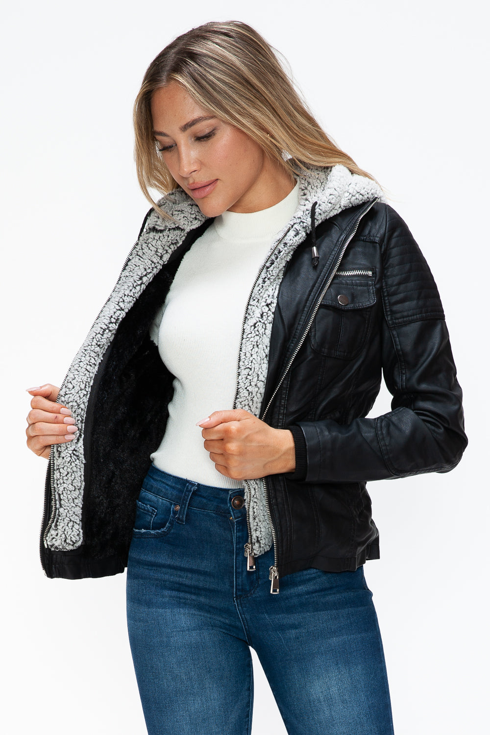 Removable Faux Layered Multi-Pocket Jacket with Fuzzy Hood