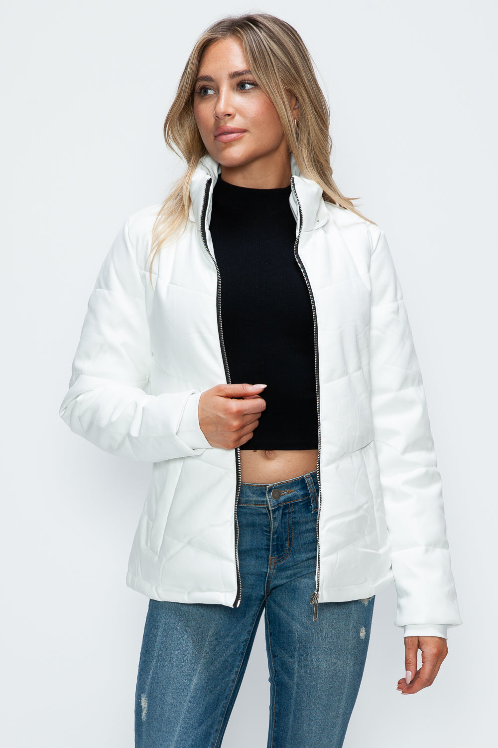 Pocketed Zip Up Puffer Jacket with Removable Hood