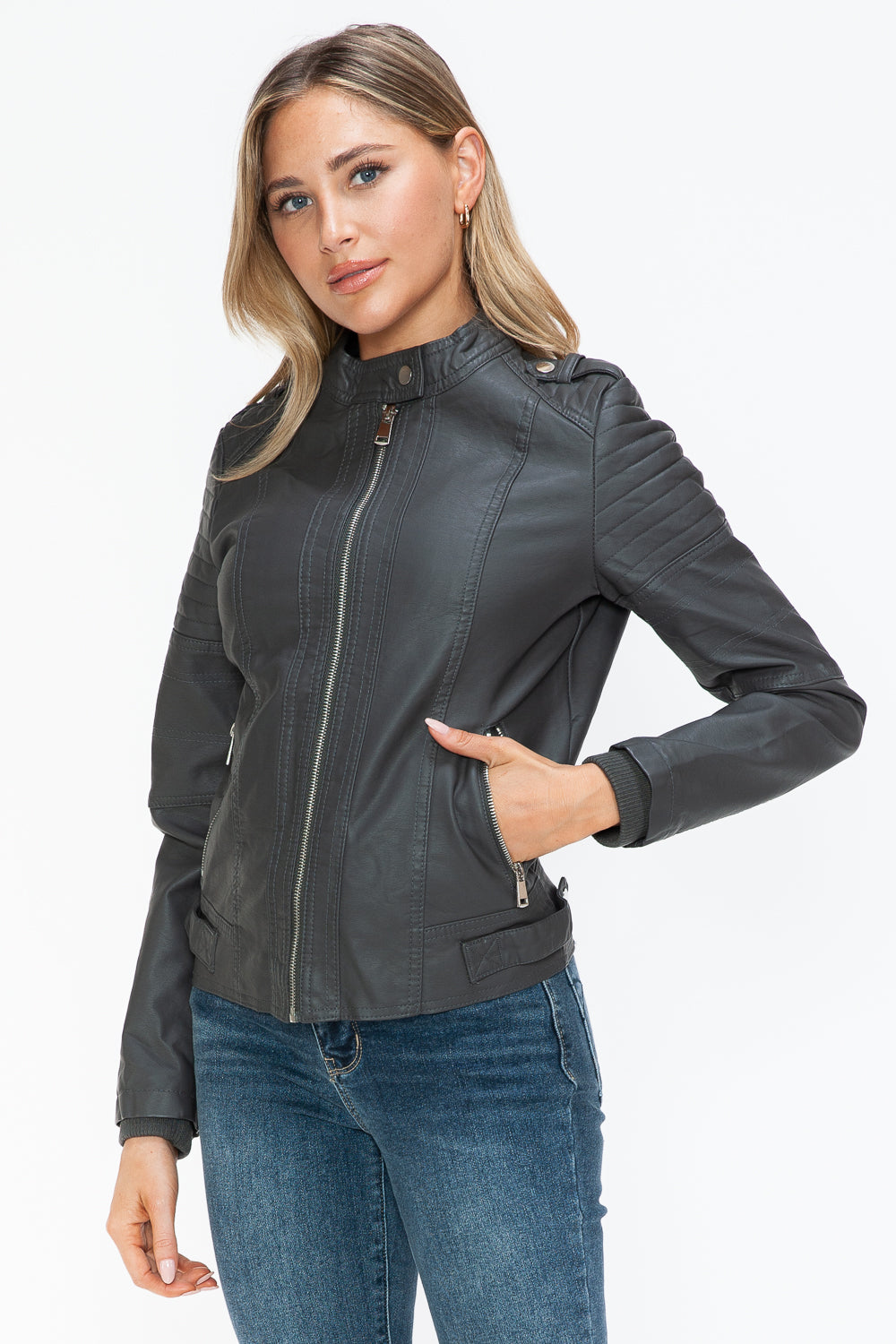 PU Leather Biker Jacket with Side Zip Pockets