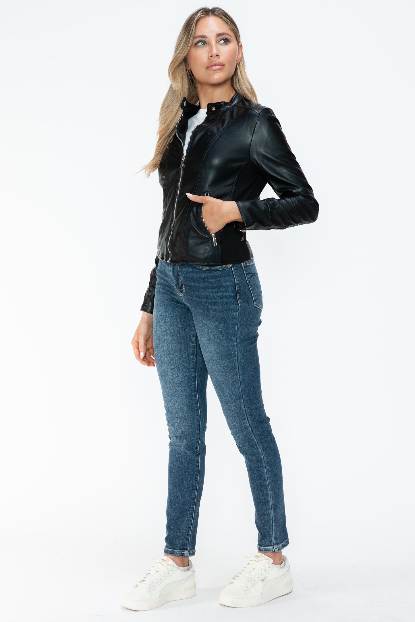 PU Leather Zip Up Jacket with Pockets