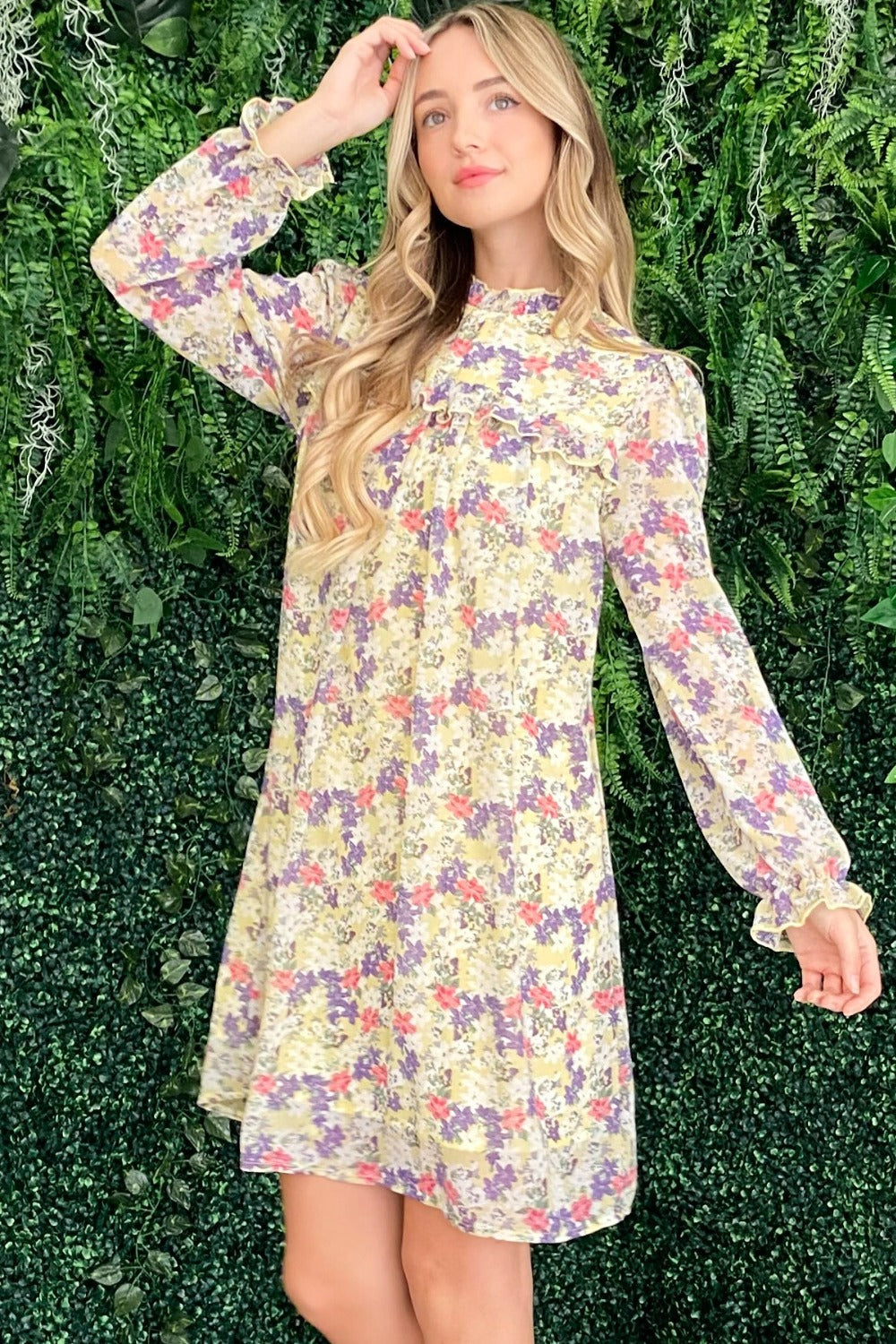 Floral Mock Neck Flounce Sleeve Dress