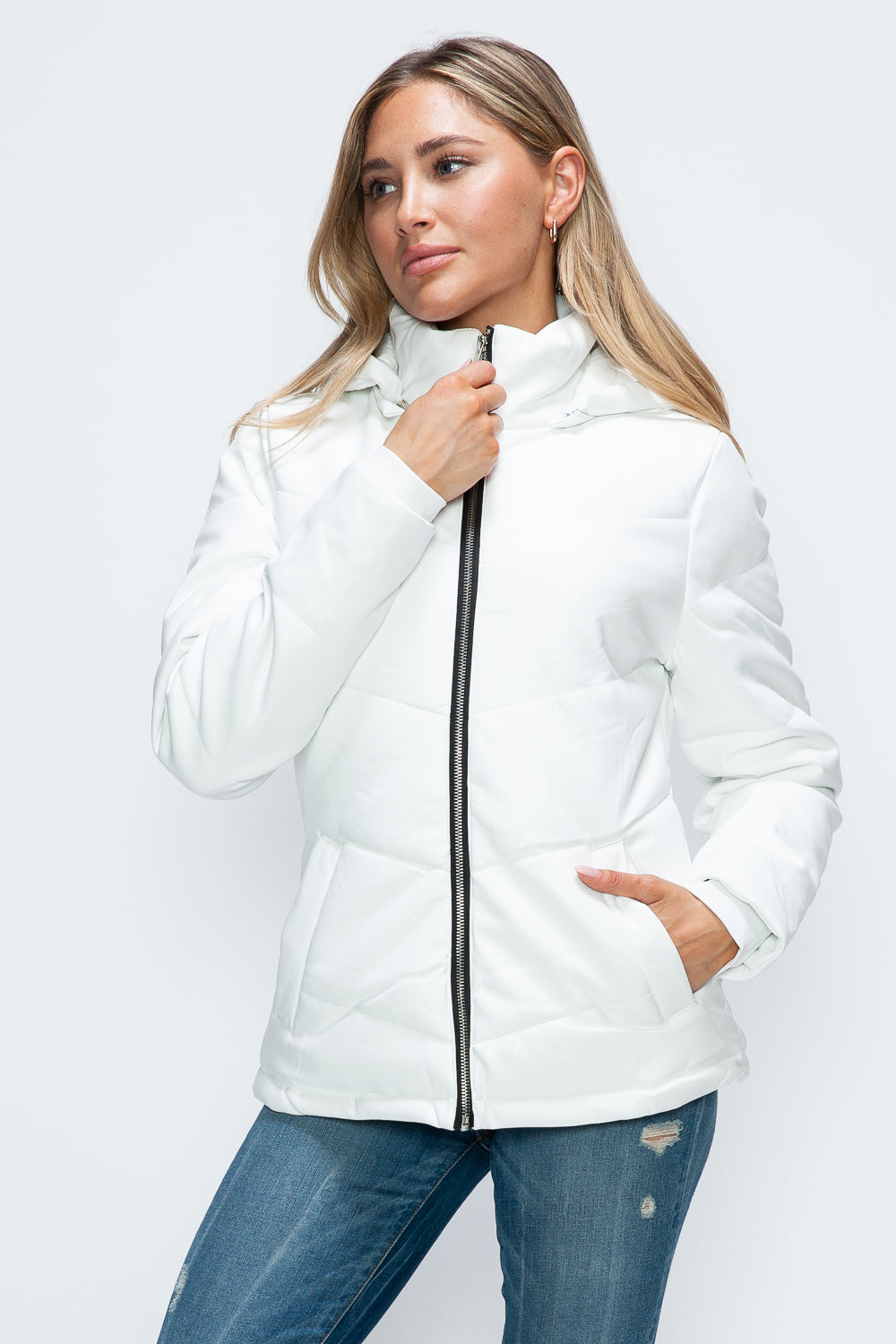 Pocketed Zip Up Puffer Jacket with Removable Hood