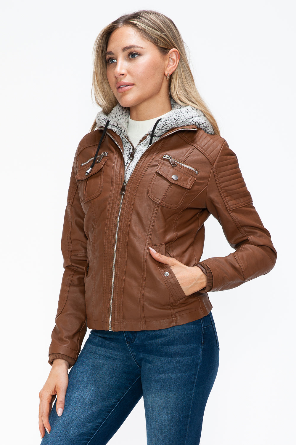 Removable Faux Layered Multi-Pocket Jacket with Fuzzy Hood